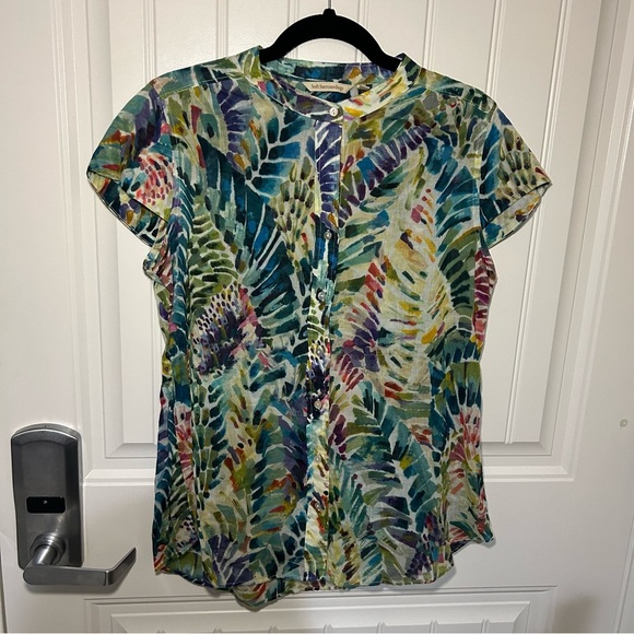 Soft Surroundings Anthea Multi-Color Hawaiian Palm Button Up Short Sleeve Blouse - Picture 1 of 10